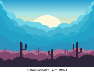 Silhouettes of the cactus in the desert. Cloudy landscape in abstract style