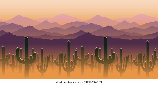 Silhouettes of cactus plant on background of mountains