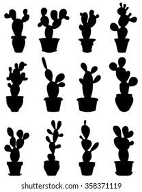 Silhouettes of cactus at potted, vector