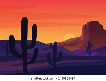 Silhouettes of cactuses growing in dry desert against bright sunset sundown sky cartoon vector illustration.