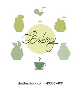 Silhouettes of cakes and drinks around the bakery sign. It can be used to create the logo, signage, branding, product launches. Hand drawn.