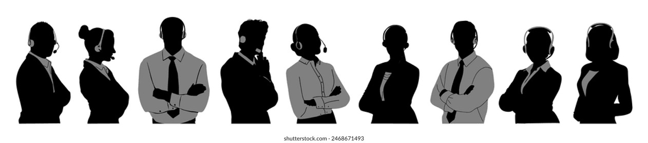 Silhouettes of Call center business team. Hotline office workers with headsets. Customer support department staff, telemarketing agents. Business people black vector illustrations.