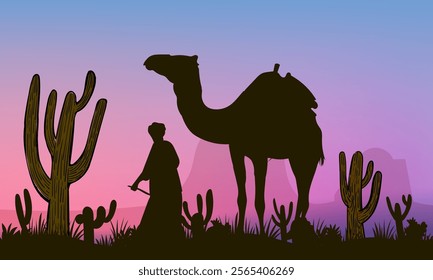 Silhouettes camel caravan with desert landscape background for islamic eid adha or ramadan banner vector illustration.