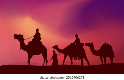 Silhouettes camel caravan with desert landscape background for islamic eid adha or ramadan banner vector illustration.