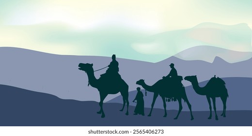 Silhouettes camel caravan with desert landscape background for islamic eid adha or ramadan banner vector illustration.