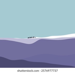 Silhouettes Camel Caravan on purple sand dune. Travel tourism background safari adventure. Modern minimal art