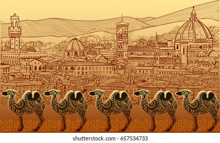 Silhouettes of camels against the background of the Indian city Delhi.