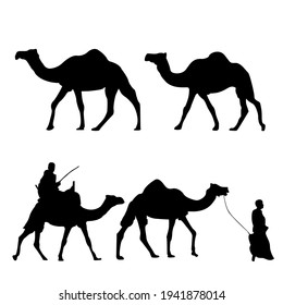 Silhouettes of camels with camel drovers, vector