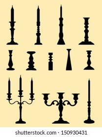 Silhouettes of candlesticks on a yellow background, vector collection