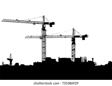 Silhouettes of cargo cranes in city on white background