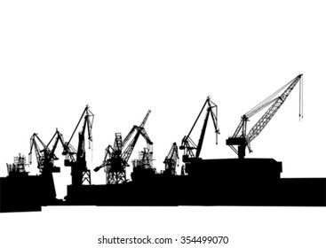Silhouettes of cargo cranes in the seaport on white background
