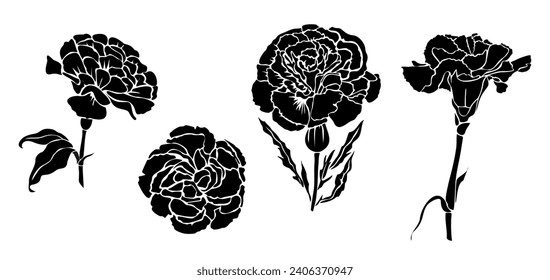 Silhouettes of Carnation flower line art drawings.