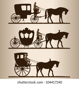 Silhouettes of the carriages. Silhouettes of horse-drawn carriages with riders. Two-wheeled and four-wheel carriage. Vector illustration.