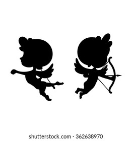 Silhouettes of cartoon cupids in black and white. Valentine's day design elements