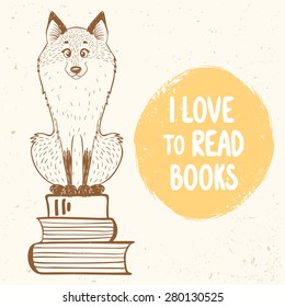 silhouettes cartoon cute and funny fox sitting on of books. Vector illustration in sketch style