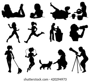 Silhouettes of cartoon girl in various situations