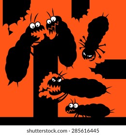 Silhouettes of cartoon termites which eats wood things.