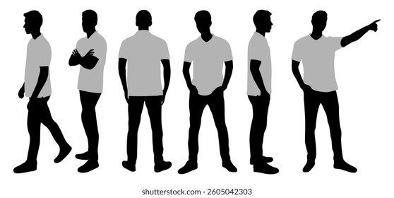 Silhouettes of casual man character in different poses. Young man standing front, back, rear, side view, pointing, walking. Vector black and gray monochrome illustrations isolated on white background