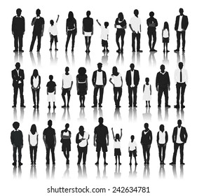 Silhouettes of Casual People in a Row Vector