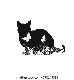 Silhouettes of cat with butterflies in black and white style.