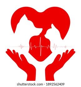 Silhouettes of a cat and a dog on the heart in the hands of a man. Logo of the veterinary hospital. Heartbeat. Vector illustration.