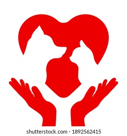 Silhouettes de un gato y un perro en el corazón en manos de un hombre. Logo del hospital veterinario. El concepto de cuidar a las mascotas. Ilustración vectorial.