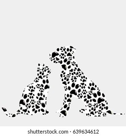 Silhouettes of cat and dog in paws pattern