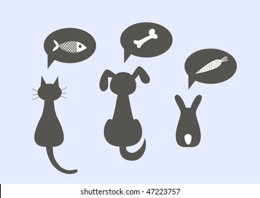Silhouettes of a cat, dog and the rabbit, dreaming of tasty food, vector illustration