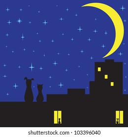 Silhouettes of cat and dog sitting on roof of house with two glowing windows and looking on sky with plenty of stars and crescent moon