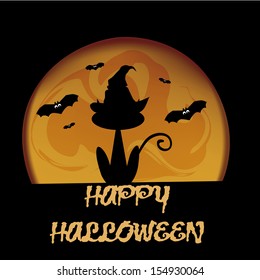 silhouettes of a cat with a hat and some bats in a yellow moon in halloween