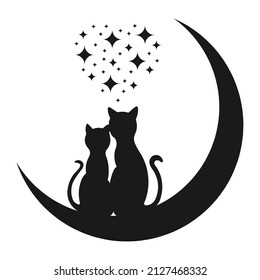 Silhouettes Of A Cat And A Cat In Love Sitting On A Moon