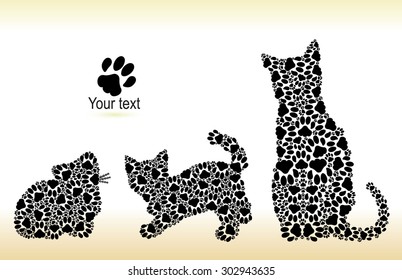 Silhouettes of a cat with two kittens from cat traces