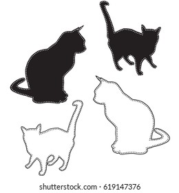 Silhouettes cats black and white in different poses isolated on white