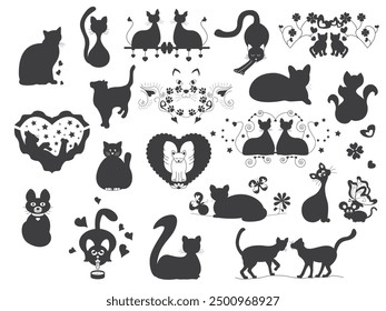 Silhouettes of Cats. Dark Gray. Original and Cute. Transparent Background. Set No. 1.