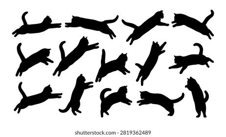 Silhouettes of cats in different postures and movements, showcasing feline agility and grace in black against a plain background.