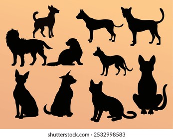 Silhouettes of Cats and Dogs in Various Poses - Vector Illustration Set