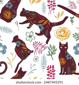 Siluetas de gatos y flores sin patrón. dibujo a mano. AI no, Ilustración vectorial.