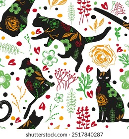 Silhouettes of cats and flowers seamless pattern. hand drawing. Not AI, Vector illustration.