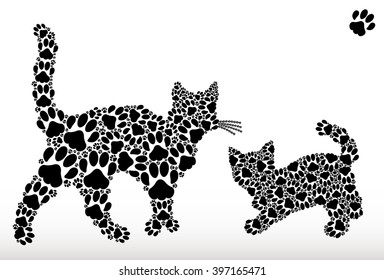 Silhouettes of cats and kittens of black cat tracks