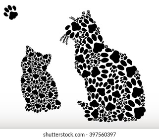 Silhouettes of cats and kittens of black cat tracks