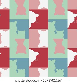 silhouettes of cats on square cells seamless pattern. kittens ornament wrapper, background, wallpaper