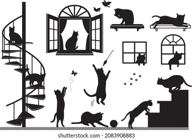 Silhouettes of cats in various poses