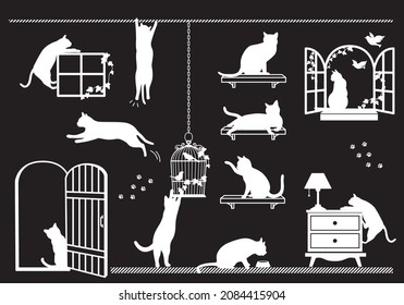 Silhouettes of cats in various poses