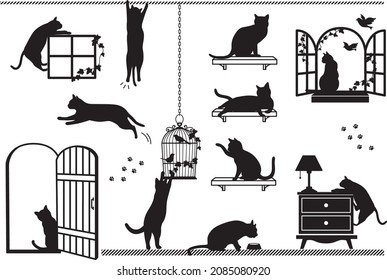 Silhouettes of cats in various poses