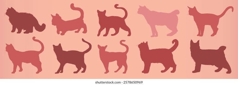 Silhouettes of cats in various poses. Cat silhouettes in different shades. Cats walking, standing, and stretching. Diverse cat silhouettes on a pink background. Animal illustrations, vector set.