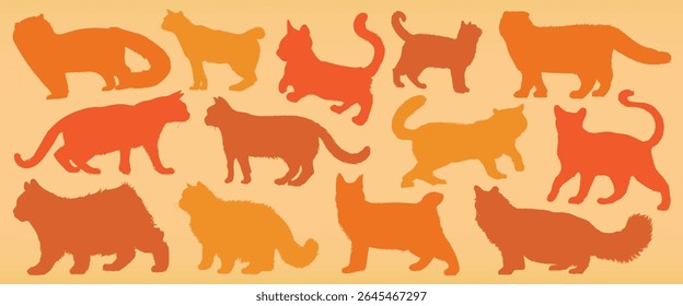 Silhouettes of cats in various poses. Cats in different shapes, cats in orange tones, cats on a beige background. Cat silhouettes, playful and diverseใ. Animal illustrations, element vector set.