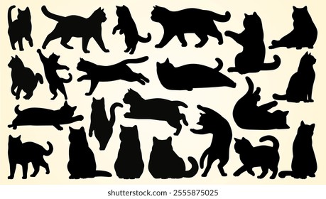 Silhouettes of cats in various poses, expressing their playful and graceful movements.	