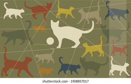 Silhouettes of cats in warm colors against military green background. Animals seem to be walking and playing with a ball of yarn. 