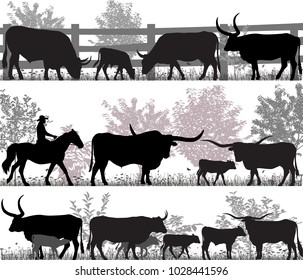 Silhouettes of cattle breed of texas longhorn