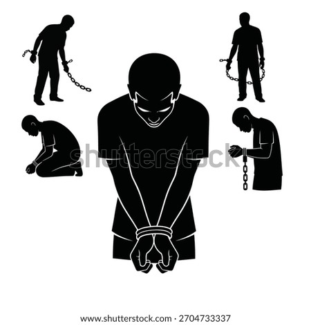 Silhouettes of chained men in various poses of despair and confinement, representing captivity and struggle.